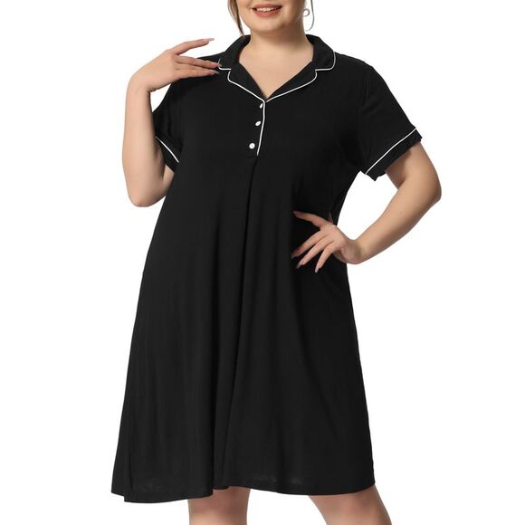 Plus Size Women Button Down Pajamas Dress Short Sleeve Sleepwear Black - Picture 2 of 6